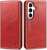 Funda tipo billetera SHIELDON de cuero genuino para Galaxy S26 6.5" 2026, rojo retro | Tapa flip magnética, bloqueo RFID, porta tarjetas de crédito, soporte, diseño libro, funda antigolpes 2