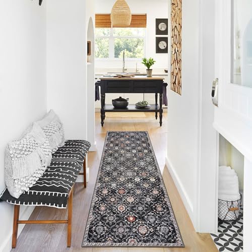 KILOCOCO 2x6 Runner Rug, Moroccan Super Soft Washable Hallway Runner Rug, Accent Print Faux Wool Kitchen Runner Rug 6 Feet Non-Slip Boho Rug Runners for Laundry Room Bedroom, Charcoal/Multi