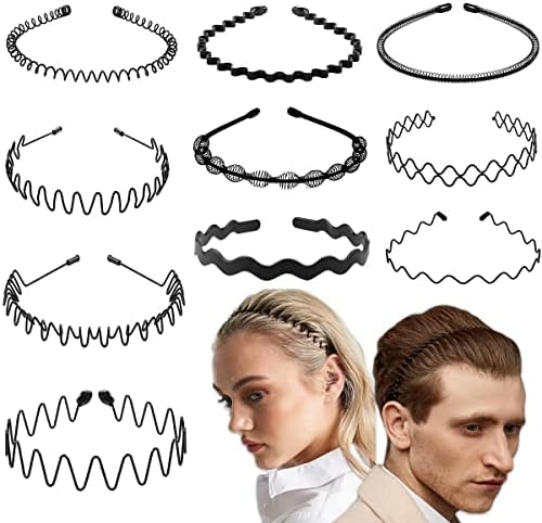 ULTIMUTE 10 Pieces Black Headband for Men and Women Adjustable Unisex Metal Wavy Hair Band Non-slip Metal Plastic Hair Hoop for Long Curly Hair Home, Outdoor, Sports and Yoga Accessories(Style A)