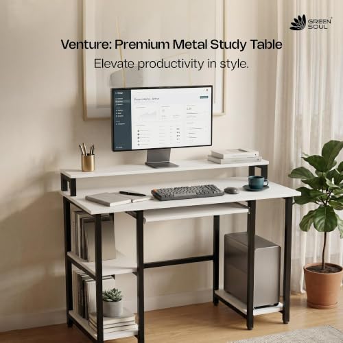 Image of Green Soul Venture Office Table for Home | Computer Table for Home pc with Keyboard Tray, Monitor Riser | 3-Years Assurance | Frosty White | Installation Provided
