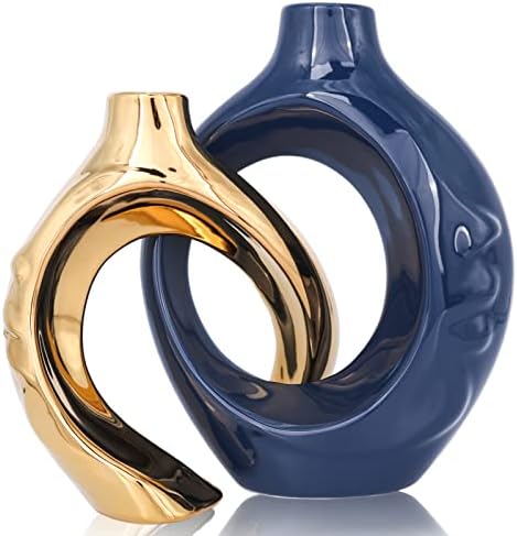 Navy Blue Home Decor Ceramic Vase, Navy Blue Gold Round Vase with...