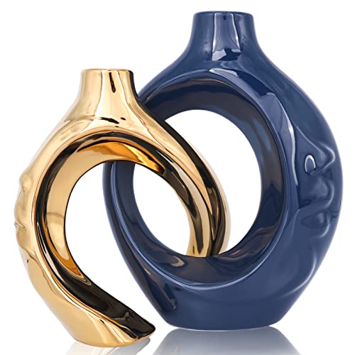 oliruim Navy Blue Home Decor Ceramic Vase, Navy Blue Gold Round Vase with Holes Set of 2, Suitable for Wedding Entrance Decoration, Bookshelf, Mantel, Unique Home Decor (Blue Gold)