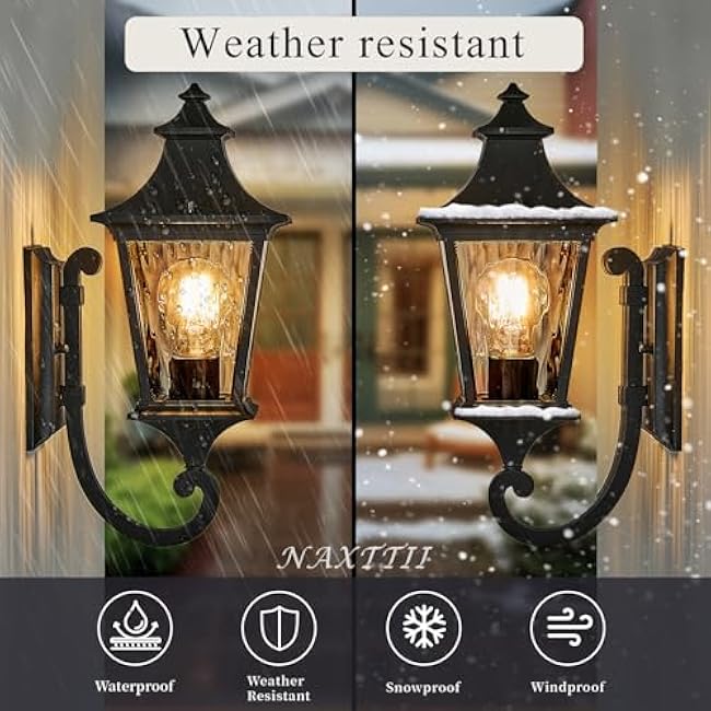 Modern 14.6 Inch Outdoor Wall Sconce Light with Water Ripple Glass in Black Finish, Aluminum Porch Light for Gardens, Garage, Yards and Entryway, E26 Socket