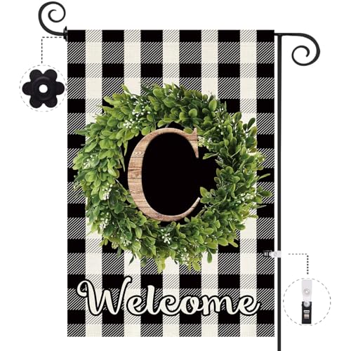 Baccessor Monogram Letter C Garden Flag 12.5 x 18 Inch, Buffalo Plaid Family Last Name Initial Boxwood Wreath Welcome Vertical Double Sided Small Flags for Outdoor Outside Decoration