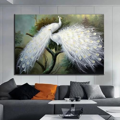 Pintura en lienzo de pavo real blanco estilo vintage, imágenes artísticas de pared 60x90cm