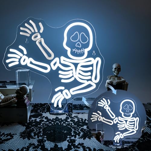 Image of JURONG Waving Skeleton Skull Neon Signs for Wall Decor, Halloween Ghost Neon Light Up Signs, USB Powered, Dimmable LED Sign for Halloween Party Bedroom, Man Game Room, Kid's Room, Bar, Club, Shops Decor