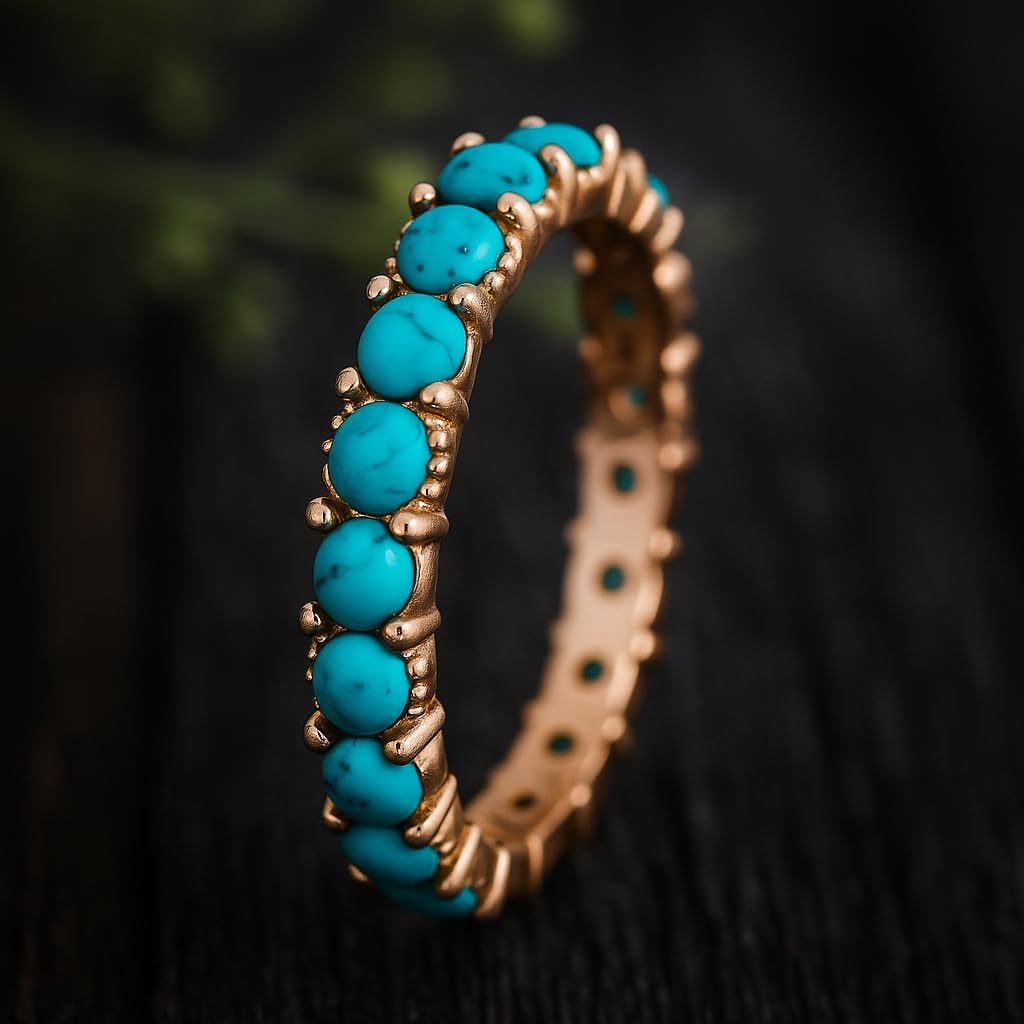 Natural Turquoise Art Deco Bridal Wedding Band 18K Yellow Gold Turquoise Half Eternity Band Anniversary Prong Setting Jewelry Gift For Love