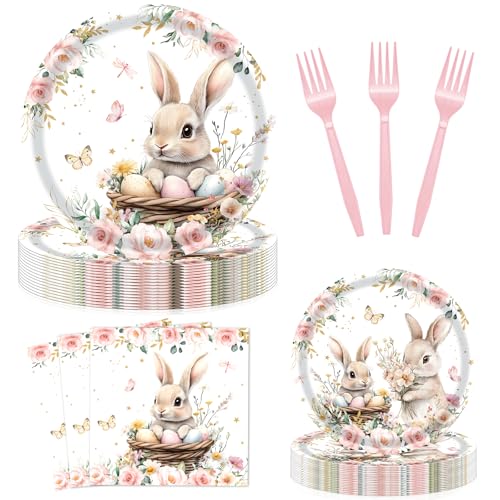 96 Pieces Easter Bunny Eggs Paper Plates and Napkins, Spring Floral Rabbit Disposable Tableware with Plates Napkins Forks for Spring Easter Party Supplies, Baby Shower Birthday Party Decor - Serves 24