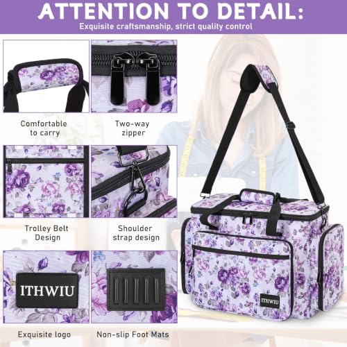 Image of Sewing Machine Carrying Case with Multiple Storage Pockets Large Capacity, Universal Tote Storage Bag Compatible with Most Standard Singer, Brother, Janome, Rose Pattern