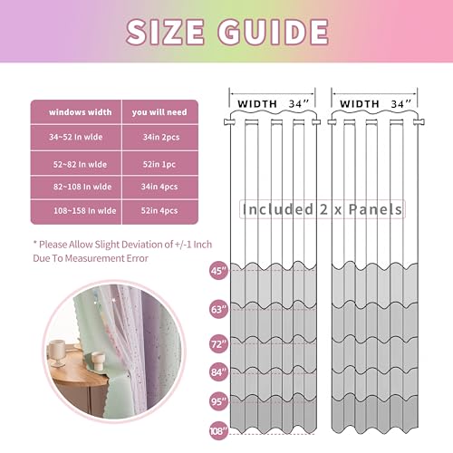 Image of Mix & Match Double Layer Laser-Cut Stars Gradient Blackout Curtains with Foil Print Sheer, 2 Panels Set for Bedroom, Nursery, Living Room - Lavender Green Pink, 34W x 95L