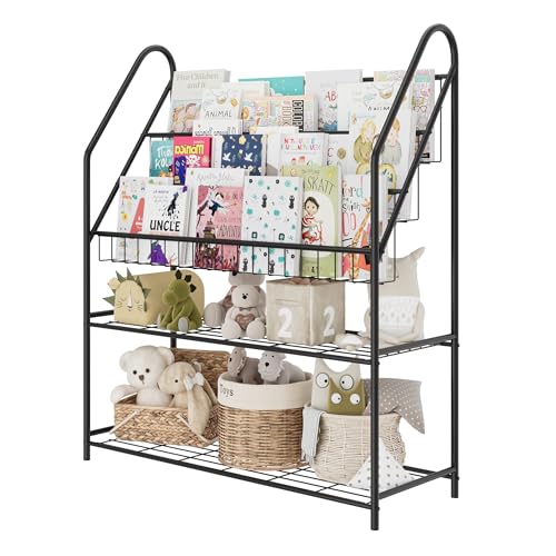 Black Bookcase for Children Metal Kids Bookshelves Modern Minimalist Toy Storage Large Bookshelf for Bookstore Bedroom, Classroom Furniture, Living, Library, Book Display Rack
