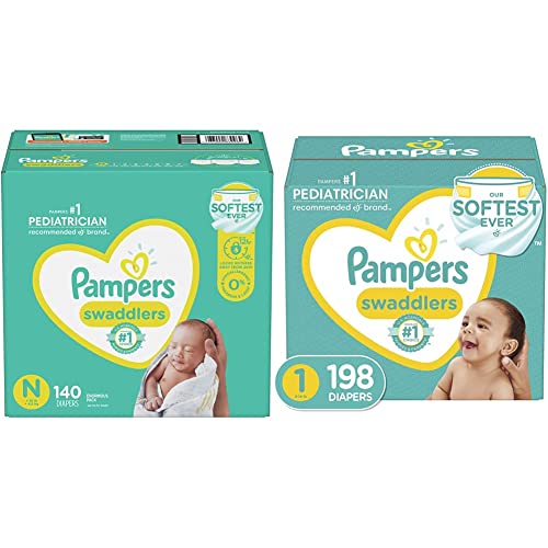 Image of Pampers Swaddlers Disposable Baby Diapers, Newborn/Size 0, 140 Count and Swaddlers Disposable Baby Diapers, Size 1 (8-14 lbs), 198 Count
