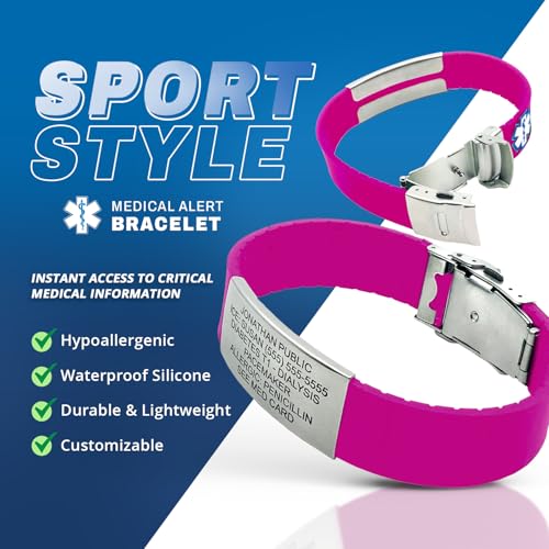 Sport Medical Alert Bracelet for Men & Women – Customizable Medical ID Bracelet with Personalized Engraving, Emergency Identification Card, Complimentary Access to PHR (Personal Health Record) - Pink