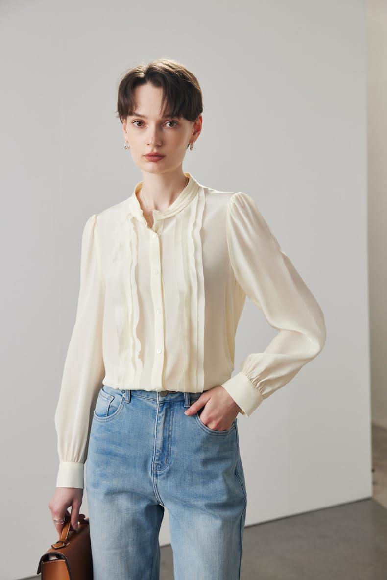 Donna Blusa da Ufficio in Seta a Maniche Lunghe con Collo Alto