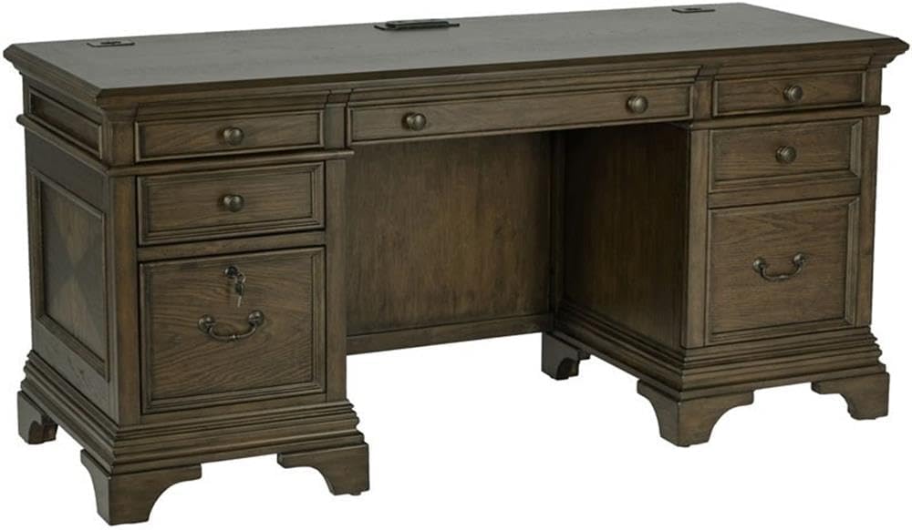 Pemberly Row 66" Wood 5-Drawers Credenza Office Desk in Burnish Oak