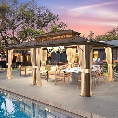 MELLCOM 12x20ft Hardtop Gazebo, Polycarbonate Double Roof Aluminum Gazebos, Outdoor Waterproof Pergola with Netting and Curtains for Backyard, Deck, Patio