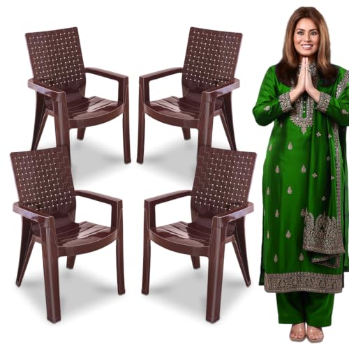 Image of MAHARAJA Heavy Duty Plastic Arm Chair for Home & Office | Premium Glossy Finish | Comfortable Arm Rest | 200Kg Capacity | Stackable & Durable | (Brown, Pack of 4)