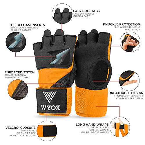 Wyox Gel Quick Hand Wraps For Boxing Mma Kickboxing - Ez-Off & On - Padded Knuckle With Wrist Wrap Protection For Men Women Youth (Orange, L-Xl) #TOP1