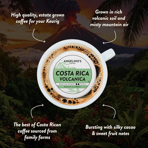 Image of Angelino's Coffee Costa Rica Volcanica Coffee Pods, 24 Count - Medium Roast, 100% Arabica Tarrazu, K Cup Compatible for Keurig - Silky Cacao, Tropical Fruit & Bright Citrus Notes