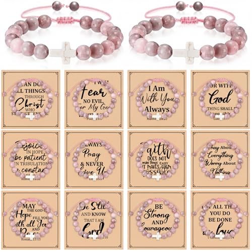 Cunno 12 Set Christian Cross Bracelets Bulk Religious Cross Beaded Bracelet for Women Men 12 Natural Beaded Stuff Inspirational Cards Envelope Christian Jewelry Faith Gift(Chic Style,Pink)
