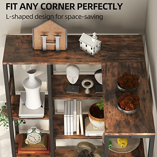 TIYASE 5-Shelf Corner Bookshelf, Modern Large Corner Etagere Bookcase, 5-Tier Tall Corner Shelf Display Storage Rack with Metal Frame for Living Room Home Office, Rustic Brown