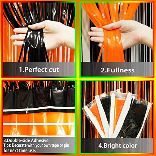 Black Orange Party Foil Curtains - Halloween Graduation Party Metallic Tinsel Foil Fringe Curtains Construction Birthday Baby Shower Wedding Party Photo Booth Props Backdrops Decorations, 4Pc #TOP4