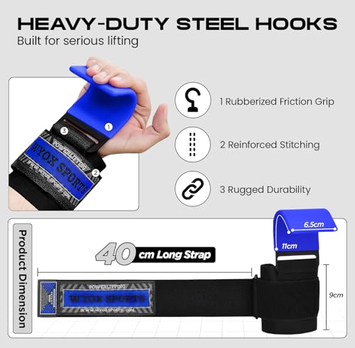 Image of WYOX Weight Lifting Hooks for Men & Women - Heavy Duty Gym Hooks with 8mm Padded Wrist Support Grips to Lift Heavier, Reduce Grip Fatigue & Improve Performance for Deadlifts, Pull Ups & Rows, Pair of 2