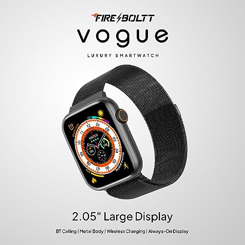 Image of Fire-Boltt Vogue Large 2.05 inch Display Smart Watch, Always On Display, Wireless Charging, App Based GPS with Bluetooth Calling & 500+ Watch Faces (Steel Black)