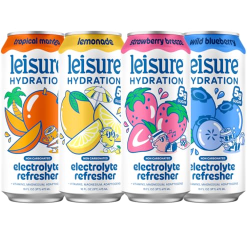Image of Leisure Hydration Non-Carbonated Electrolyte Refresher, Four Flavor Variety Pack - Low Sugar Nutrient Enhanced Water Beverage - Get The Best Hydration Packed w / Magnesium & Ashwagandha For Mood & Stress Support, Non-GMO, 16 oz (12-Cans)