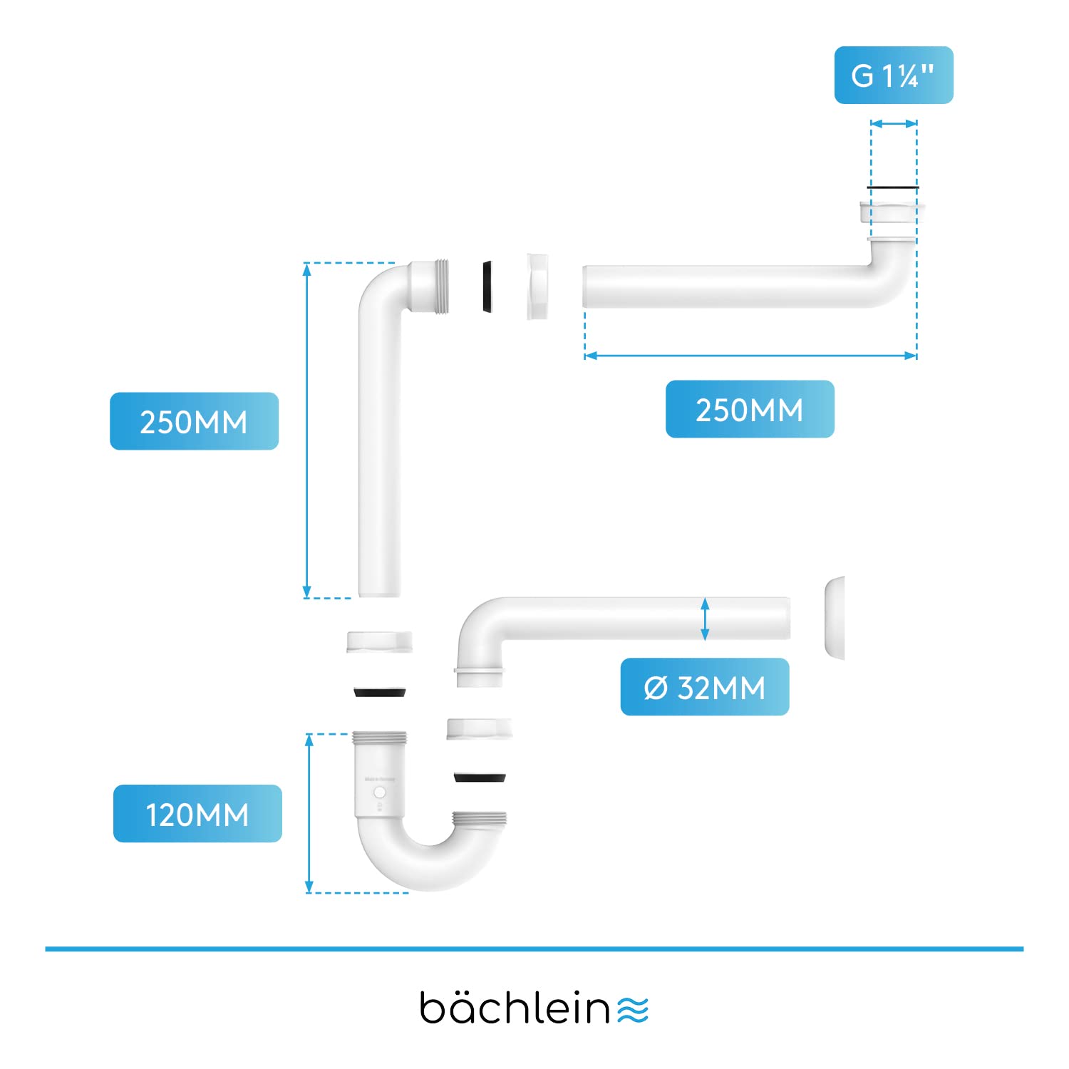 Bächlein G 1 1/4 Pulgadas Sifón de Ahorro de Espacio para el Baño - Sifón de Lavabo Plano de 32 mm - Sifón de Olores Baño - Made in Germany