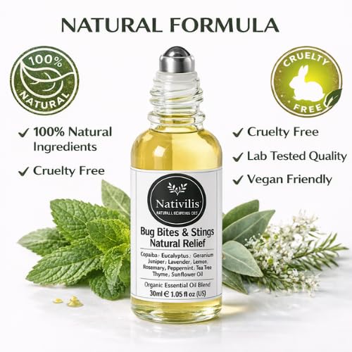 Nativilis Natural Relief for bug bites stings mosquito nettle fleas - Organic Essential Oil Formula - Roll on ball Stainless Steel Ideal Capacity 30ml Daily Use Travel Easy to carry in your purse/bag