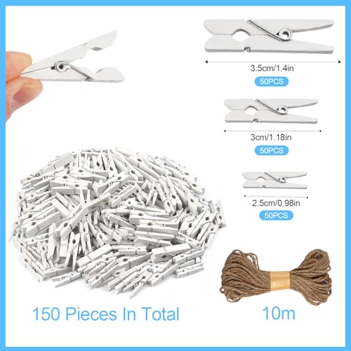 Deepton 150 Stück Holzklammern Klein Weiße, 2.5/3/3.5cm Mini Wäscheklammern Holz, Kleine Klammern mit 10m Juteschnur, Deko Fotoklammern für DIY Fotowand, Kartenhalter, Bastelprojekte & Partydeko