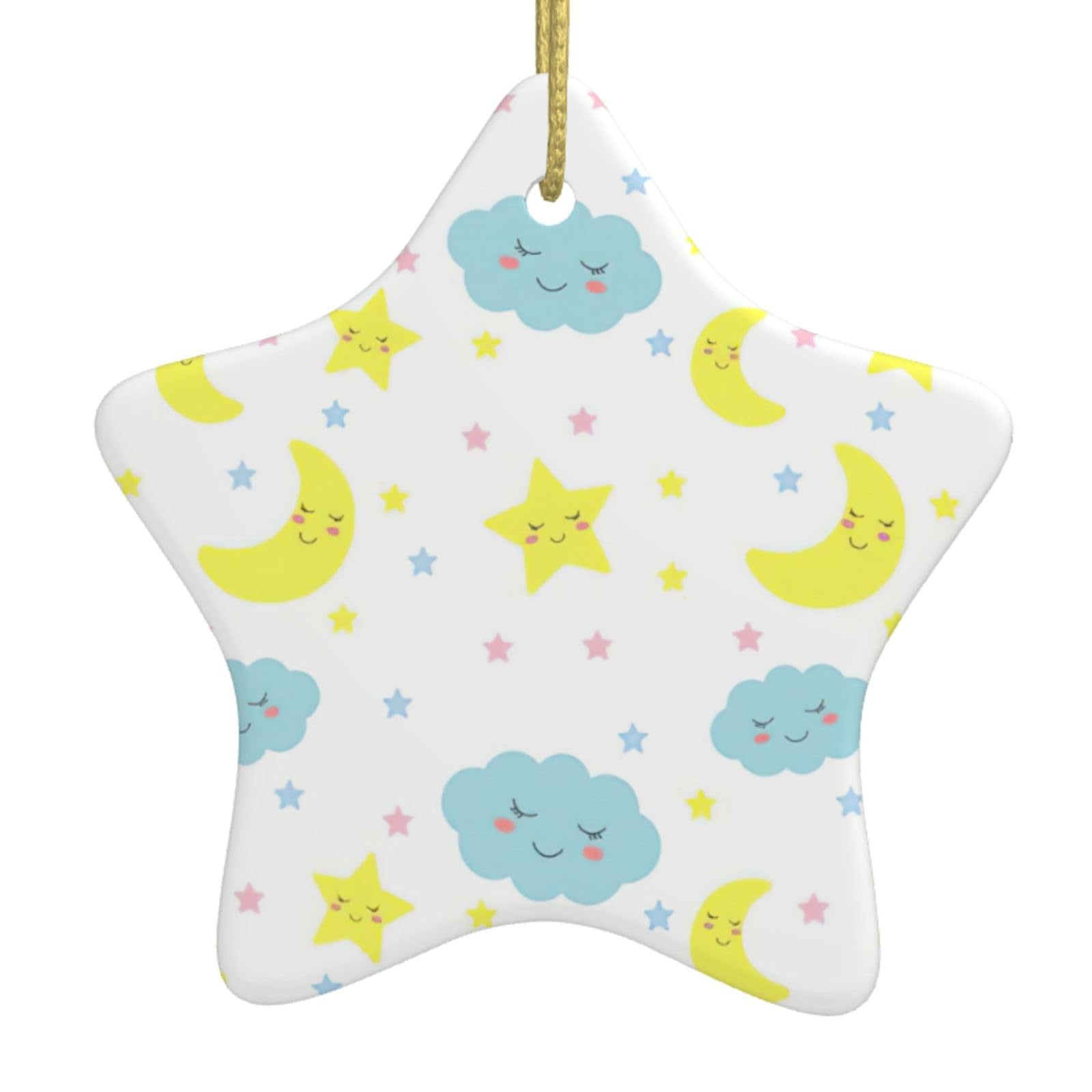 Nbtghga White Moon Cloud Star Print Christmas Ornaments, Ceramic Hanging Ornament, Round Shape Decorations