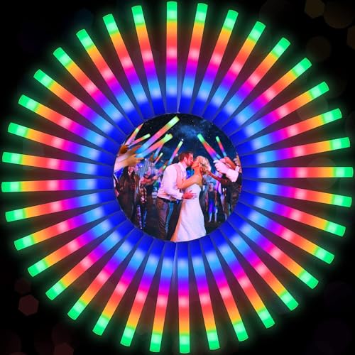 50Pcs LED Foam Glow Sticks, Foam Light up Sticks LED Wands Batons with 3 Modes Flashing, LED Foam Light Sticks for Weddings, Christmas, Festival, Birthday, Party