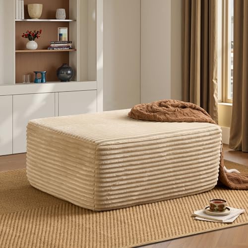 Image of ovios 37 inch Plush Corduroy Ottoman, Upholstered Cloud Ottoman for Boneless Couch in a Box, Modular Sectional Couches for Living Room Bedroom, Compressed Memory Foam, No Assembly Require, Beige