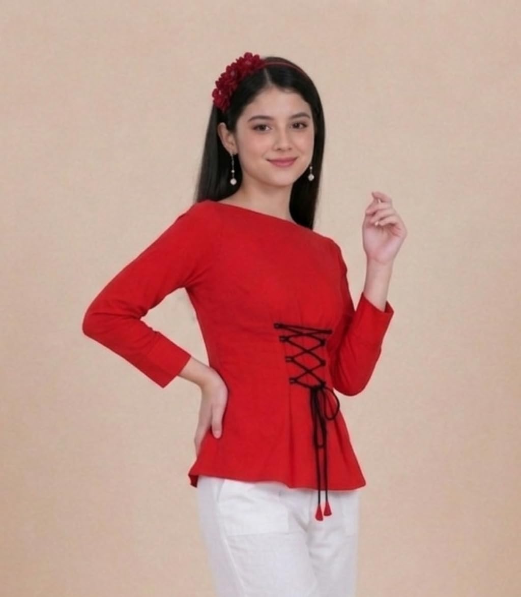 ORIEX THE ORIGINAL FASHION OX-Girls Front DORI TIE UP Boat Neck TOP-191 RED 11-12Y 1