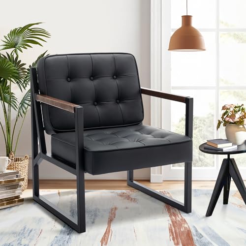 COLAMY Mid Century Modern Accent Chair Set of 1, Comfy Living Room Armchair with Metal Legs, Faux Leather Reception Arm Chair for Living Room Bedroom Reception Office, Black