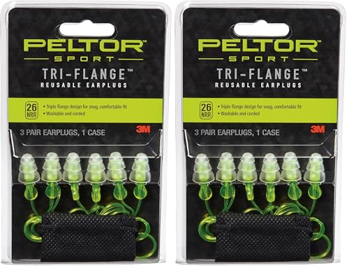 Image of Peltor Sport Tri-Flange Corded Reusable Earplugs, 3 Pair, Noise Reduction Rating (NRR) 26 dB,Comfortable Fit, Ideal for Range,Shooting & Hunting, Washable &Corded, Neon Yellow (97317-10C) (Pack of 2)