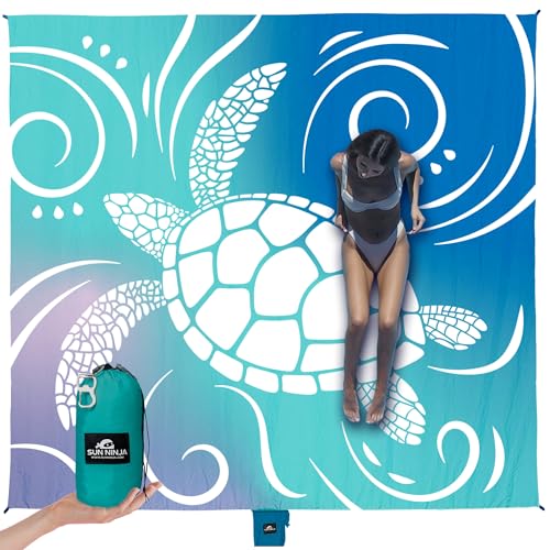 Image of SUN NINJA Sand Free Beach Blanket, Sandproof Beach Mat, 10ft x 9ft, Turtle