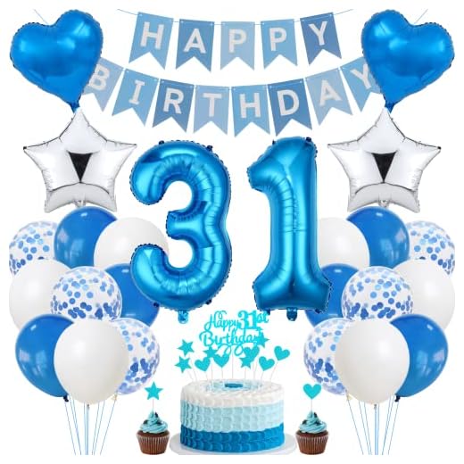 Jrzyhi Decoración de cumpleaños para 31 años, color azul, decoración para tartas de 31 años, para hombres, 31 años, para mujeres, hombres, mujeres, 31 años, hombre y mujer