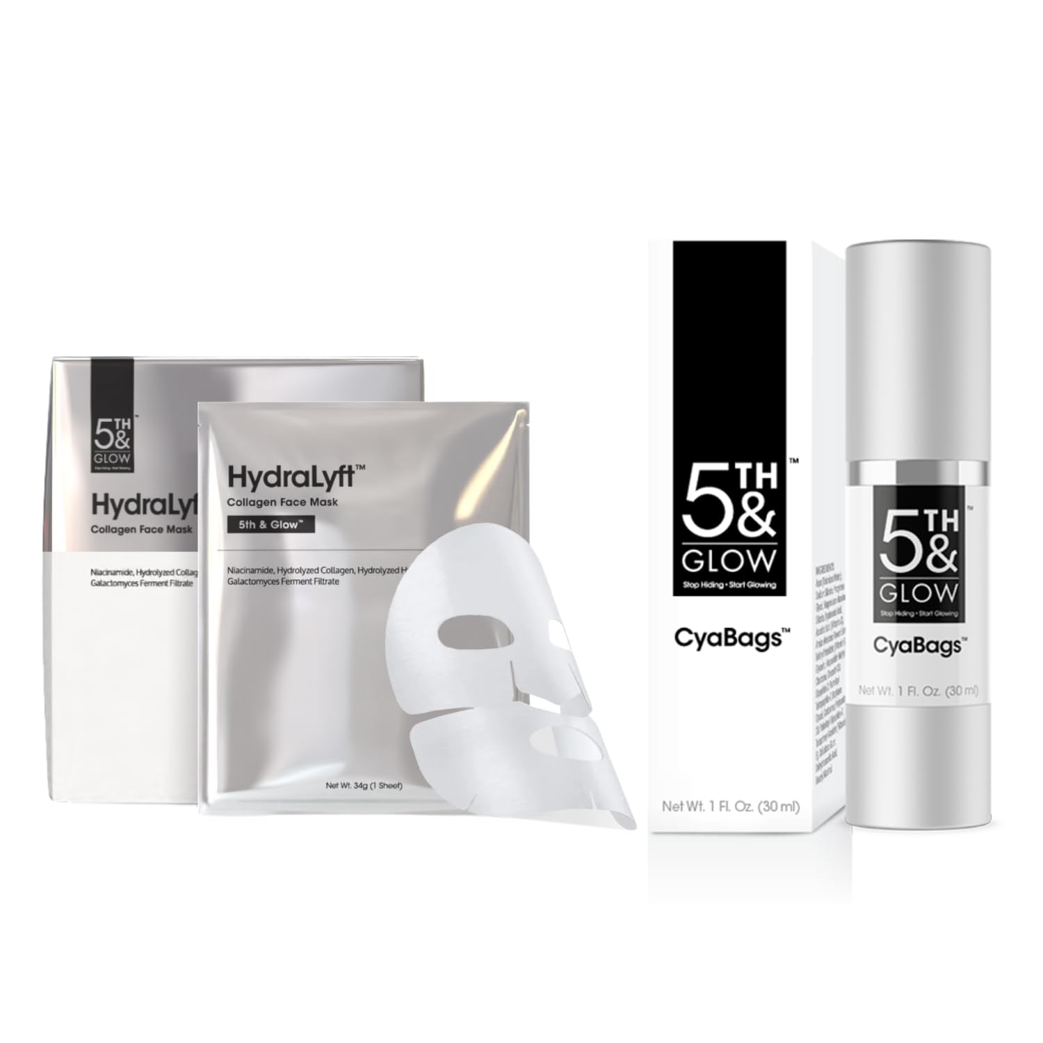 5th & Glow Effortless Glow Bundle – Supports Smoother, Brighter Skin – CyaBags Eye Serum & HydraLyft Collagen Face Mask for Under-Eye Puffiness and Skin Hydration – 1 oz, 4 Sheets