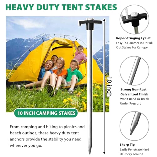 Image of Eurmax USA 10-Pack Secure Protection Galvanized Tent Stakes,Rust-Proof Steel Canopy Anchors for High Winds,Heavy Duty Commercial Ground Pegs for Camping,Pop Up Tents&Gazebos - Includes 4x10ft Ropes