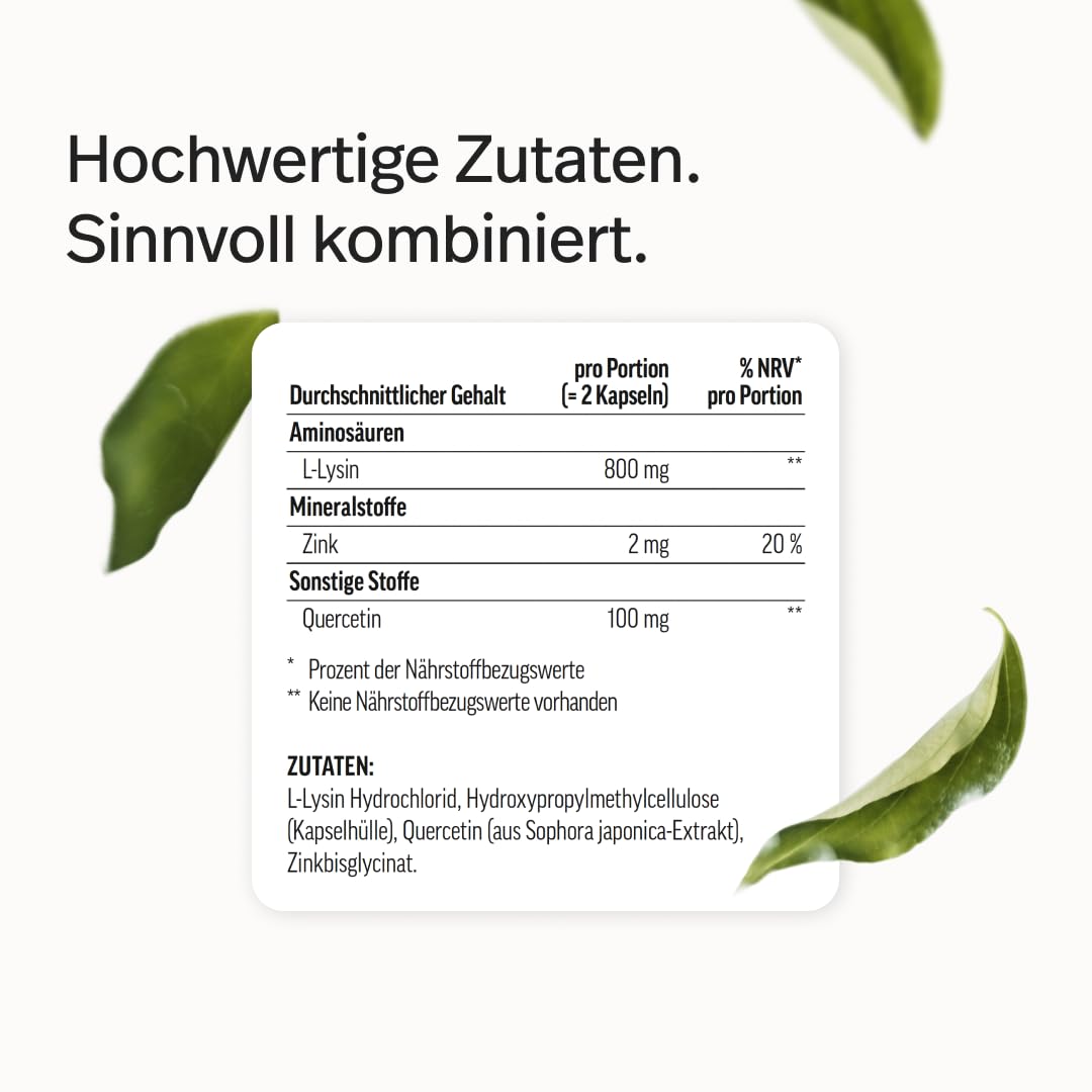 edubily® Lysin Komplex – 400 mg L-Lysin + 50 mg Quercetin + 1 mg Zink pro Kapsel – vegan, Made in Germany, ohne Zusatzstoffe – 90 Kapseln
