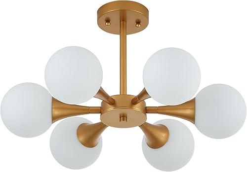 Lámpara de techo semiempotrada de latón de 6 luces con cristal de oro blanco moderno para comedor, sala de estar, cocina, dormitorio, certificación