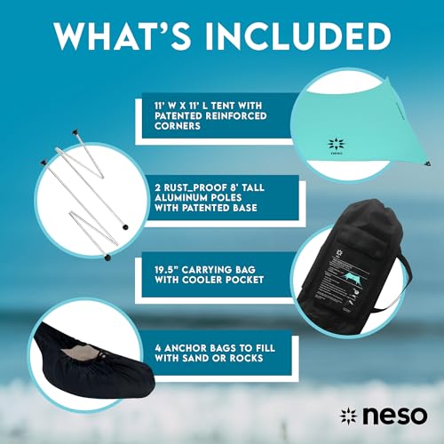 Image of Neso Gigante Portable Beach Tent Sun Shelter - Lightweight Beach Shade Canopy - Easy Setup for Family Outings - Patented Reinforced Corners - UPF 50+ Sun Protection - 8ft Tall, 11 x 11ft - Seafoam
