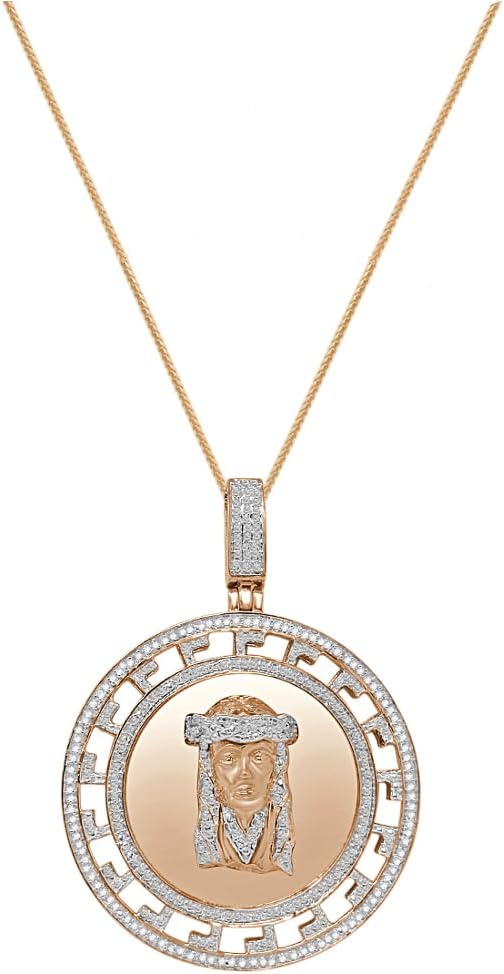 Real Genuine Authentic Natural Diamonds 0.50 Ctw. 14K Gold Finish Jesus Christ Face Piece Charm Pendant Chain Neckless Set 2.00 Inch.