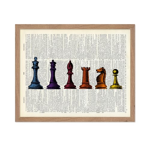 Poster Master Chess Pieces Print - Dictionary Poster - Retro Board Game Art - Gift for Men & Women - Colorful Wall Decor for Living Room, Bedroom, Office or Dorm - 11x14 Beige Framed