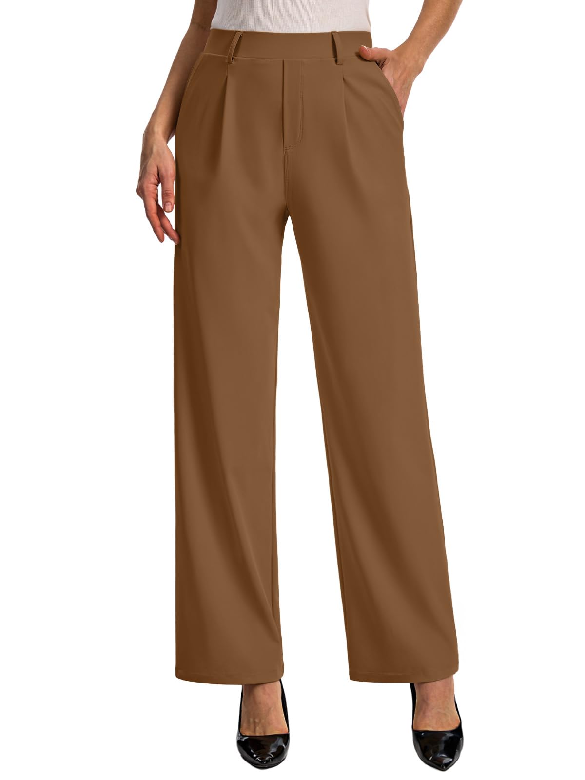 Feiersi Womens Dress Pants Wide Leg Stretchy Work Pants High Waisted Pull On Casual Trousers with Pockets