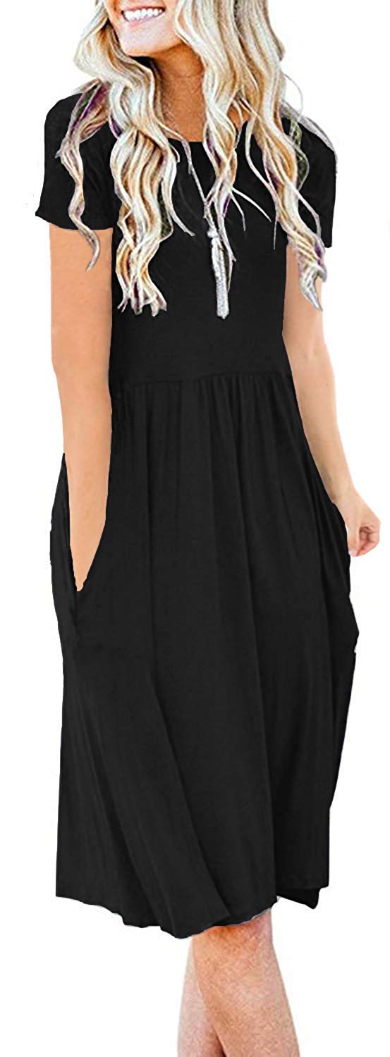Akihoo Women Short Sleeve Empire Waist Pleated Loose Swing Casual Dress