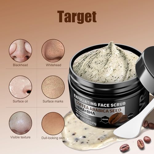 Image of JVR Face Scrub for Men, Facial Scrub for Deep Exfoliating, Cleansing Blackheads, Ingrown Hair, Pre-shave Soften, Organic Formulated with Coffee Extract, AHA and BHA Face Exfoliator (8.46 oz)
